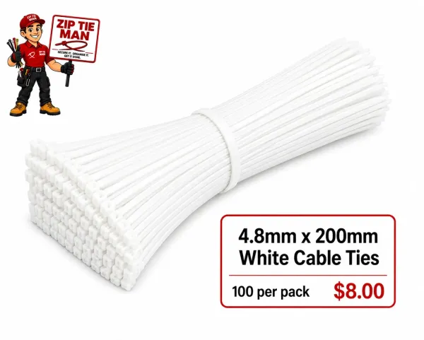 4.8mm x 200mm White Cable Ties 100pcs